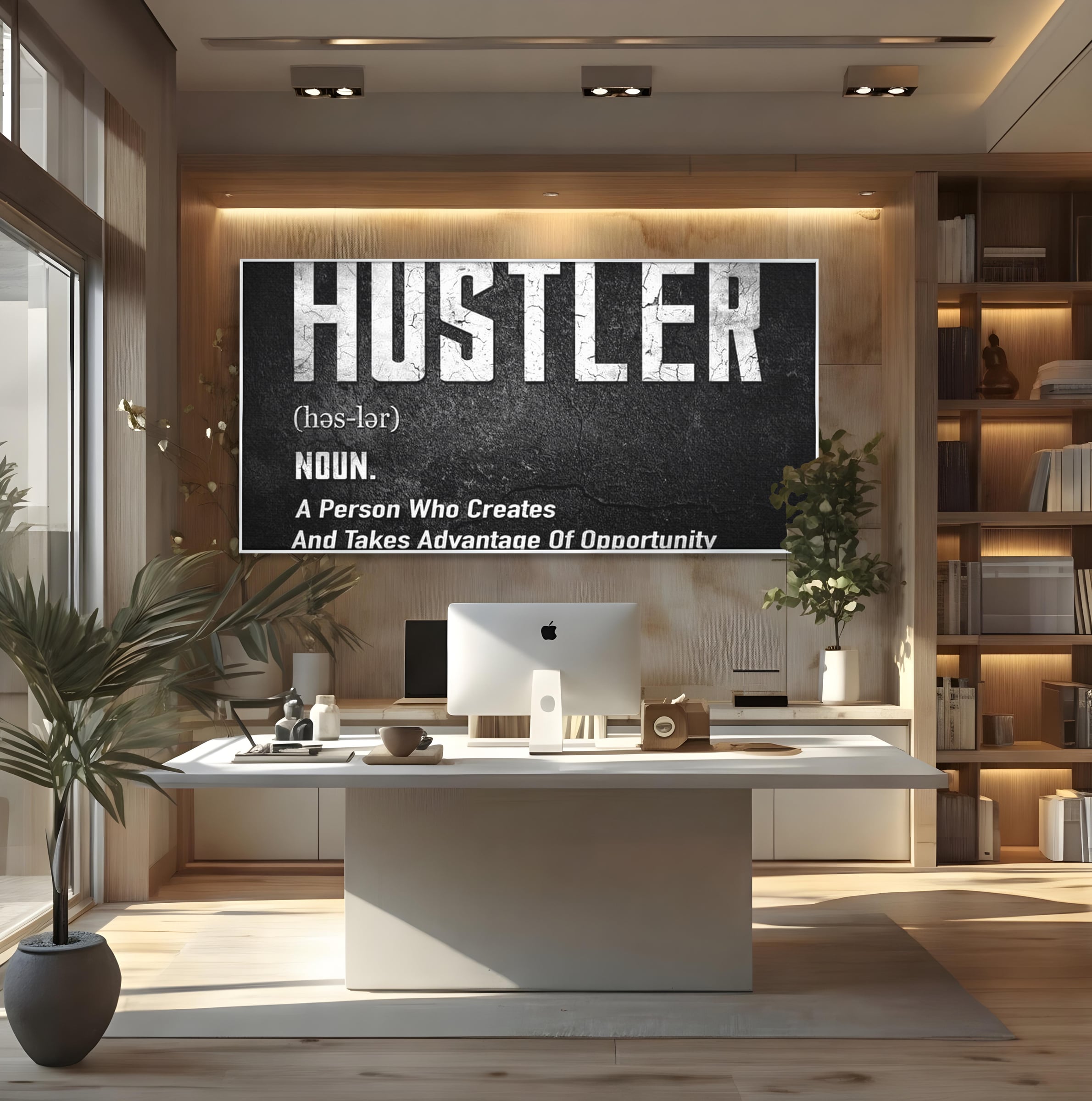 Tablou canvas cu tablou canvas cu definitia cuvantului hustler, in rama de aluminiu argintiu, pe perete intr-un birou